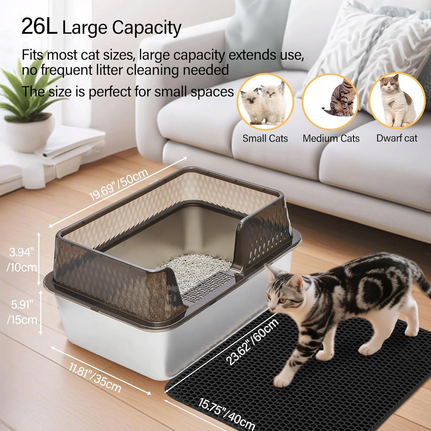 Enclosed High Sided Metal Stainless Steel Cat Litter Box with lid Scoop and Mats for Kittens or Medium Cats, Easy Clean Transparent Black Deep Tall Kitty Litter Box