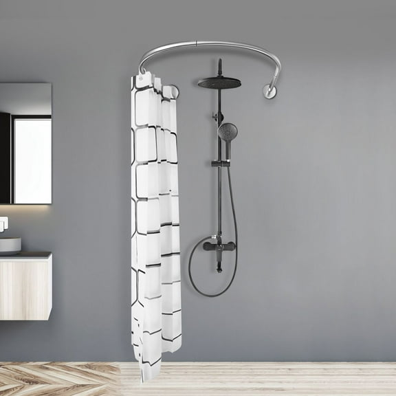Adjustable No-Drill Shower Curtain Rod Set with Polyester Curtain Heavy-Duty Stainless Steel, Easy Installation & Versatile Use for Bathrooms, Windows, and Balconies