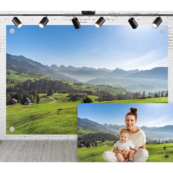 12x8ft Outdoor Background Green Mountain Grassland Cows Grazing Blue Sky Natural Scenery Wedding Photoshoot Birthday Party Photography Backdrop