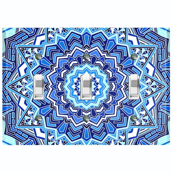 Metal Light Switch Plate Cover Teal Blue Mandala Icy Flower Tile Pattern MDL048