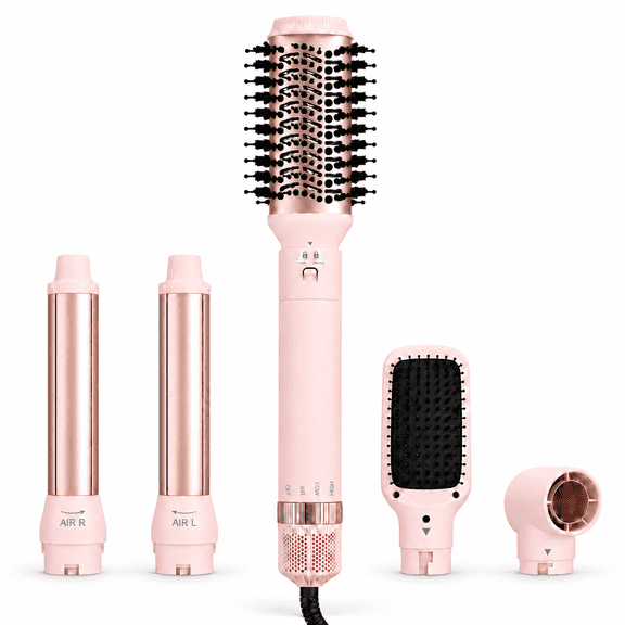 Berlaney 5-in-1 Hot Air Styler and Hair Dryer Brush Set with Auto-Wrap Curlers, Volumizing Brush, Straightening Brush and Drying Nozzle, Pink