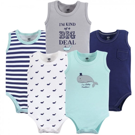Hudson Baby Infant Boy Cotton Sleeveless Bodysuits 5pk, Whale, 0-3 Months