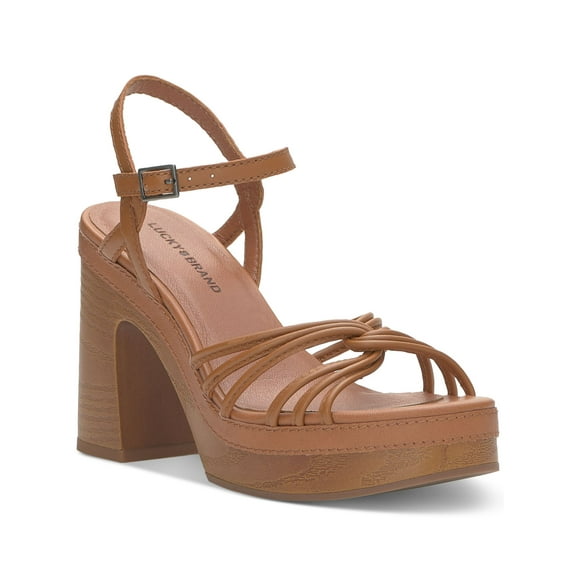 LUCKY BRAND Womens Brown 1" Platform Strappy Padded Ismene Round Toe Block Heel Buckle Leather Heeled Sandal 9.5 M