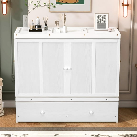 Pinovk Full Size Murphy Bed with USB Port and a Large Drawer, White