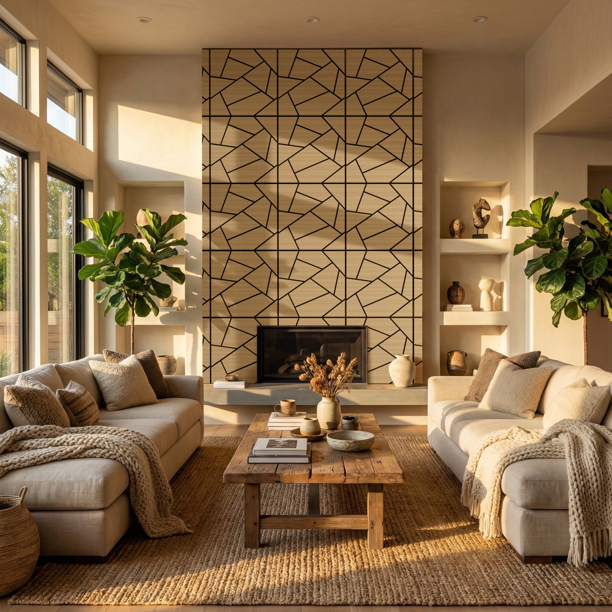 Fahomiss Abstract Geometric Acoustic Wood Slat Wall Tiles 4-Pack 24"x24", 3D Panel, Walnut