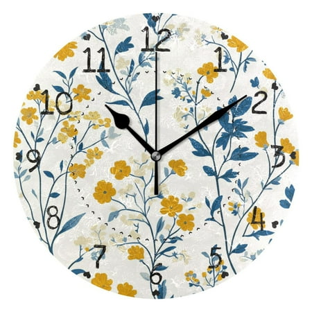 Yellow and White Tiny Florals Round Wall Clock Silent Analog Battery Operated Black Pointer Home Decor 9.84 Diameter