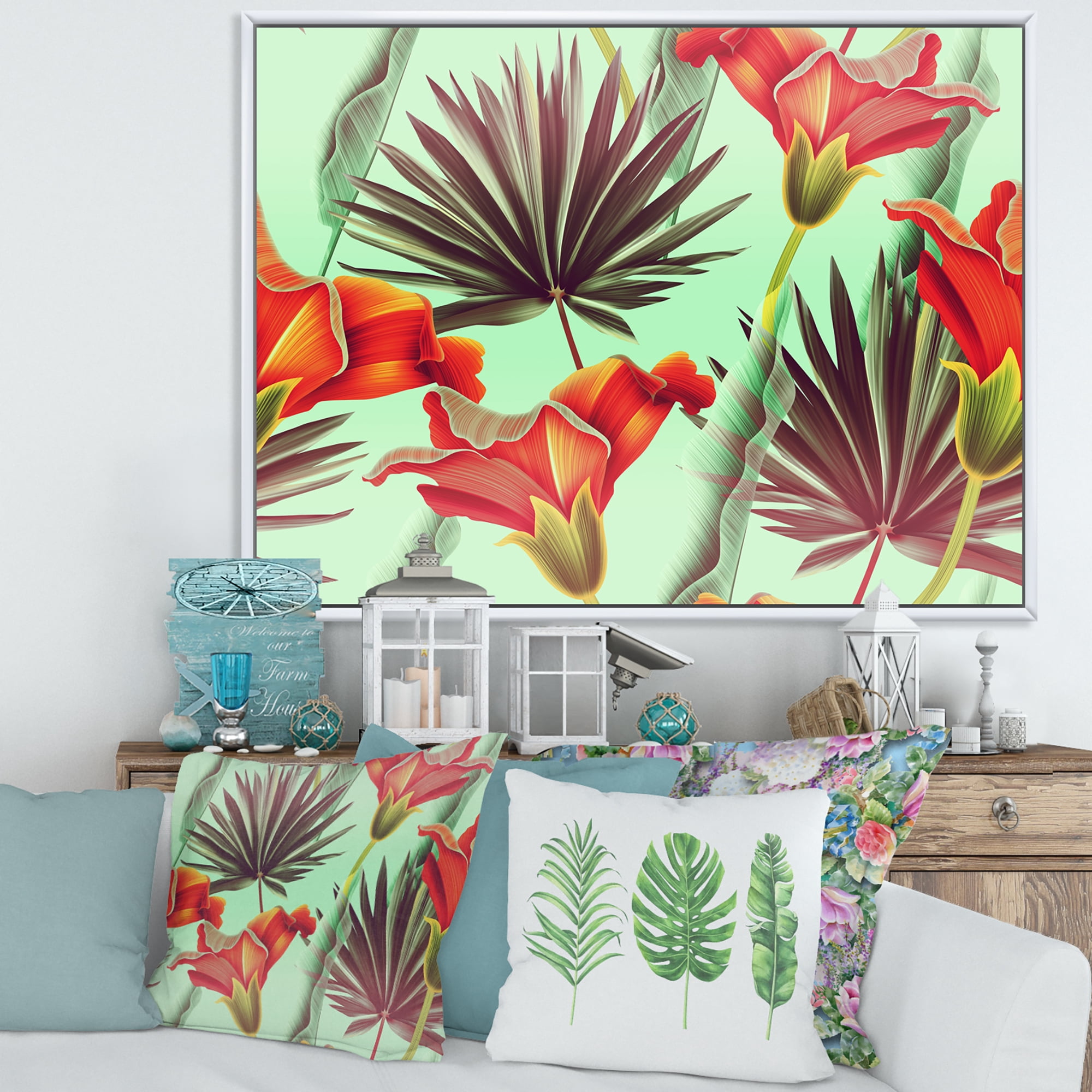 VIntage Tropical Flowers VII 40 in x 30 in Framed Painting Canvas Art Print, by Designart