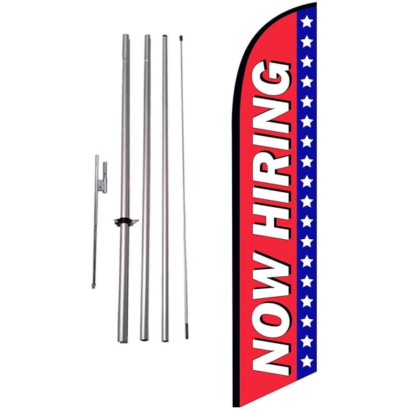 Now Hiring Advertising Feather Banner Swooper Flag Sign with Flag Pole Kit and Ground Stake for Businesses, Patriotic Theme