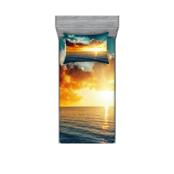 Ambesonne Ocean Fitted Sheet & Pillow Sham Set, Majestic Sunset over Sea, Twin, Turquoise Orange Blue