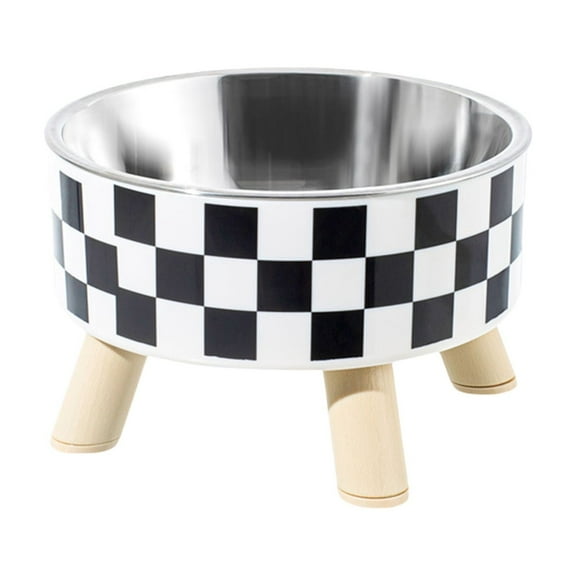 Elevated Dog Feeding Station With Insert Dish, Checkered Print Stainless Steel Bowls For Eating & Easy