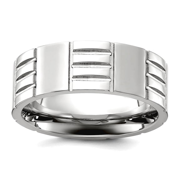 Stainless Steel Polished Grooved 8mm Band Size 10 Ring for Women and Men - 8.7 Grams