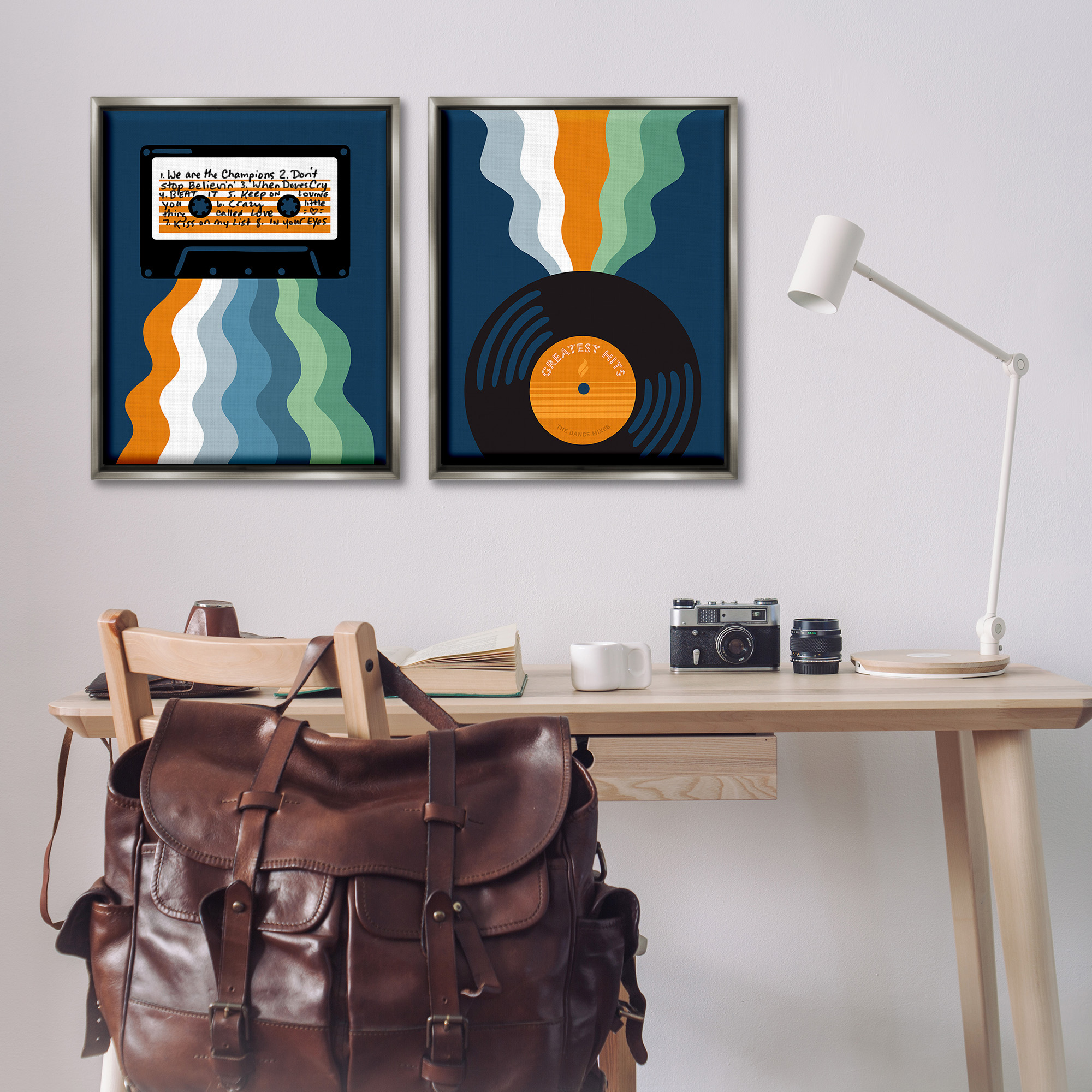 Stupell Industries Retro Music with Stripes Abstract Painting Gray Floater Framed Canvas Art Print Wall Art, 25 x 31, Set of 2