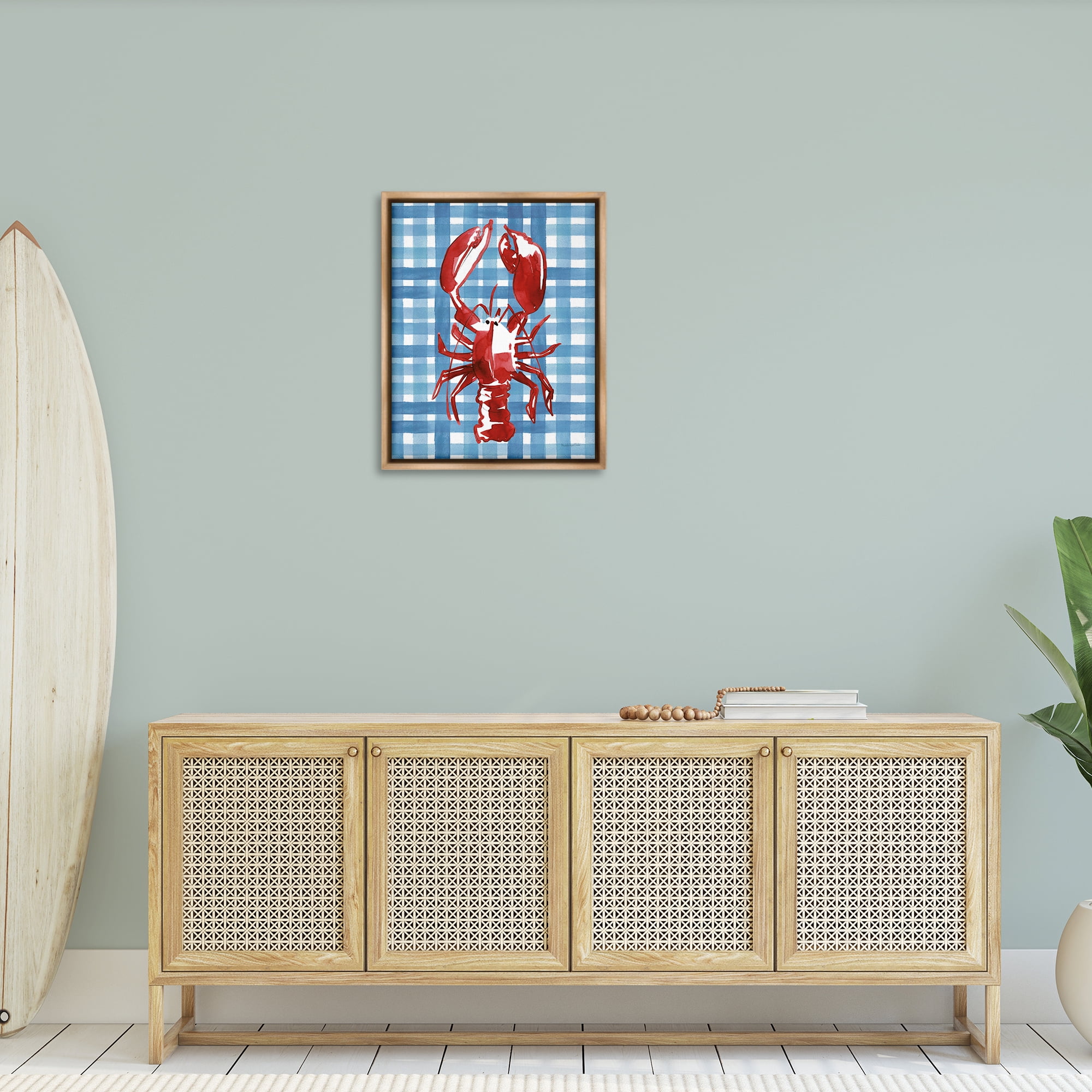 Stupell Industries Coastal Lobster on Plaid Animals Painting Brown Floater Framed Canvas Art Print Wall Art, 25 x 31