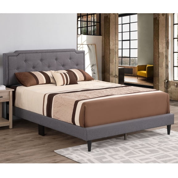 Noble House Casual Queen Upholstered Bed with Tufted Adjustable Headboard, Wood Frame, Gray