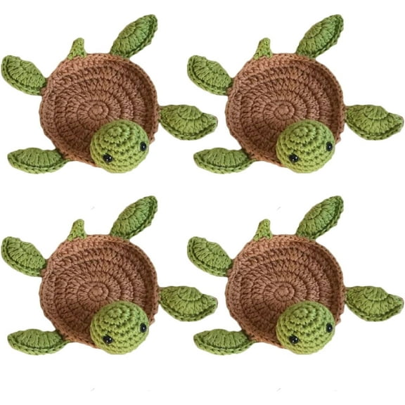 4 Pcs Crochet Tortoise Coasters for Drinks, Funny Handmade Woven Coaster Set, Cute Turtle Shaped Mug Cup Mat Table Desk Decoration Housewarming Gift