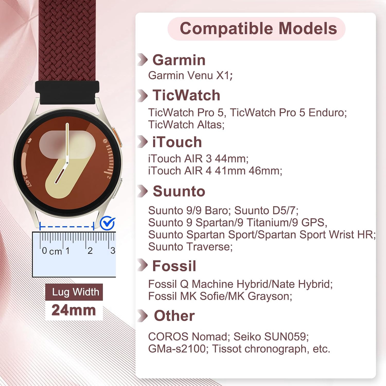 CRKMGS-24mm Quick Release Braided Band Compatible with Garmin Venu X1, TicWatch Altas/Pro 5/Pro 5 Enduro, Solo Loop Adjustable Smartwatch Bands for Suunto 9/7/D5 Women Men