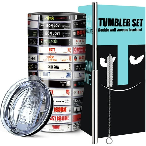 20 oz Stainless Steel Heavy Metal Rock Tapes Travel Mug - Double Wall Vacuum Insulated Drinking Cup with Straw and Lid - Reusable