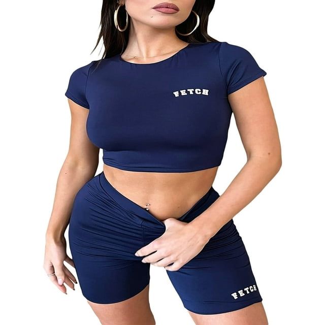 Womens Casual 2 Piece Outfits Short Sleeve Letter Print Crop Tops + Shorts Set Tracksuit