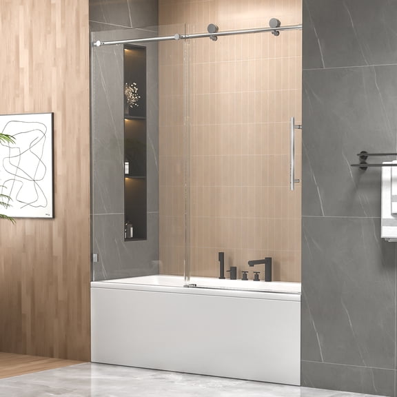 Leumius 56"-60"W X 60"H FramelessSingle Sliding Shower Door -5/16" (8mm) Clear TemperedGlass,Bypass Design,Chrome Finish