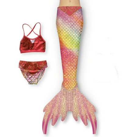 Toimothcn Girl s Swimsuit Sleeveless Casual Colorful Fish Scale Printed 3 Piece Tail Bikini Set Quickly Dry Cover Up Swimwear 4-5 Years