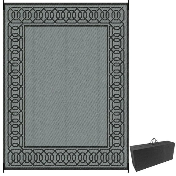 GVN Floor Rug,Indoor Door Mat,Reversible Outdoor Rug, 9'x 12' Waterproof Straw Floor Mat, Portable RV Camping Carpet, Black & Gray Border