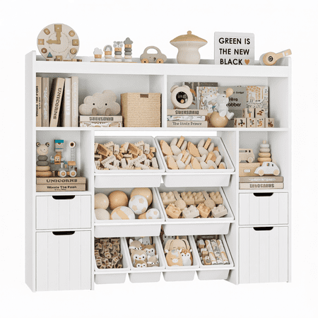 55 W Toy Storage Organizer Large Kids Bookshelf Toy Box White | 8 Plastic Storage Bins / 2 Removable Toy Storage Boxes / Open Shelves Kids Bookcase with Drawers for Playroom Kids Room