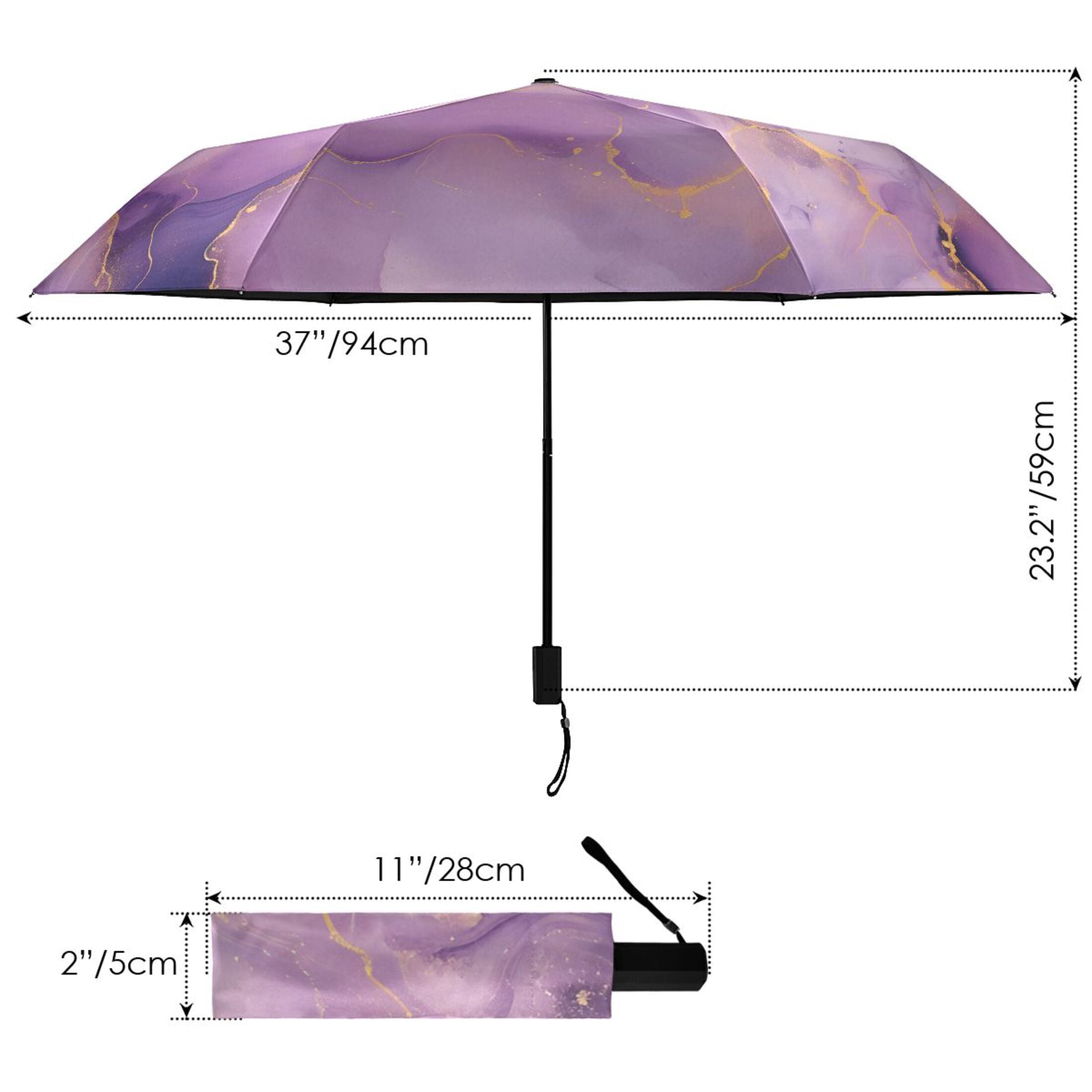Lilac Purple Gold Marble Compact Sun Umbrella Windproof Travel Umbrellas for Rain Strong Portable UV Protection