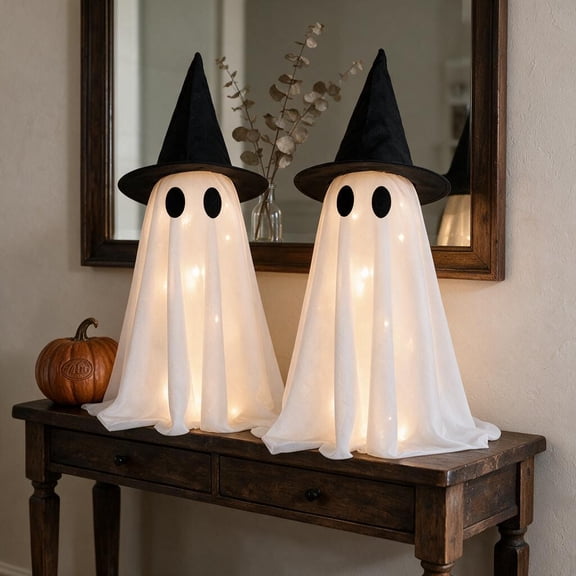 Halloween Decorations-Set of 2 Light-Up Ghosts with Witch Hats,Ghost Table Centerpiece-Spooky Tabletop Decor for Mantel Dining Table Party Indoor Home Decor