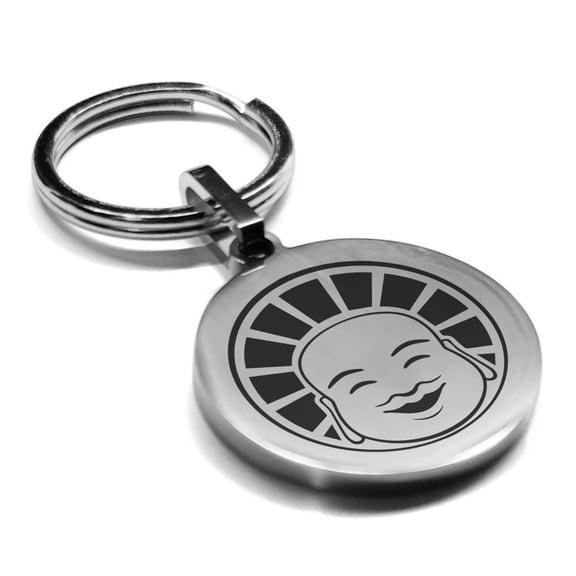 Stainless Steel Laughing Buddha Good Luck Charm Round Medallion Keychain Circle Ring
