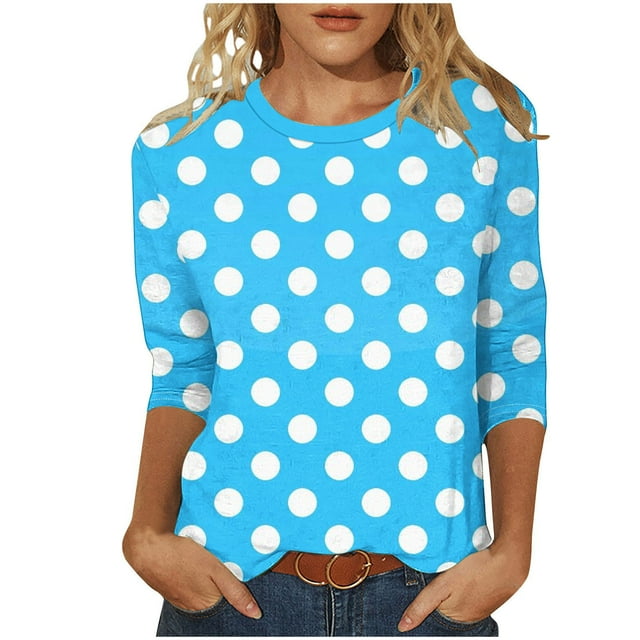 T-Shirts Grande Taille pour Femmes à Manches 3/4 à Pois, Col Ras du Cou, T-Shirts Graphiques de Base, Hauts d'Été Décontractés (m, Bleu Ciel)