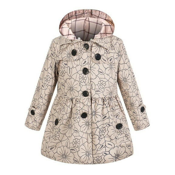 Odeerbi Toddler Girls Winter Trench Coat Floral Thermal Puffer Jacket Fashion Coat with Detachable Hat Thickened Floral Print Cotton Jacket Toddler Clothes Khaki
