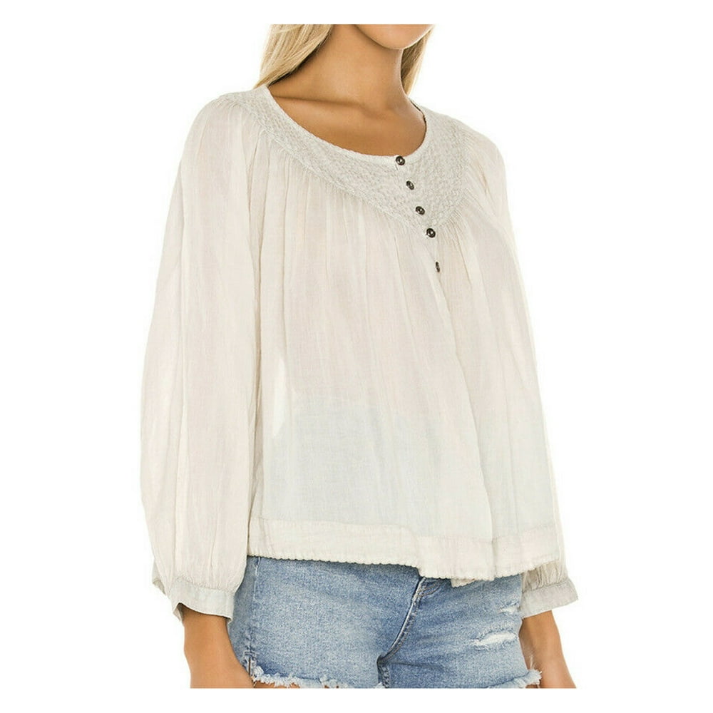 Free People - FREE PEOPLE Womens Ivory Textured Buttoned 3/4 Sleeve ...
