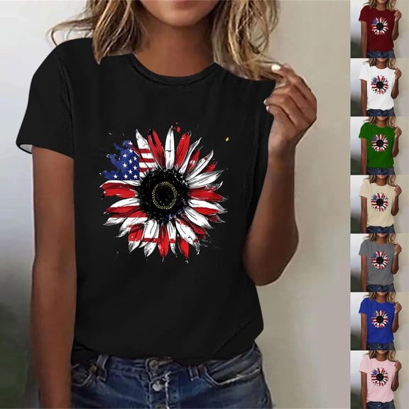UVEASISHA Independence Day Patriotic Tops for Women Short Sleeve USA Flag Sunflower Print Graphic Tees Summer Loose Casual Beach Tshirts Beige L
