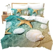 Ocean Quilt Set Coastal Beach Theme Bedding Lightweight Reversible Starfish Seashell Conch Seaweed Coral Quilt Cover Pillowcases