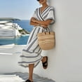 thumbnail image 6 of Ailaofu Women's Summer Dress Short Sleeve V Neck High Waist Casual Loose Striped Midi Dresses, 6 of 7