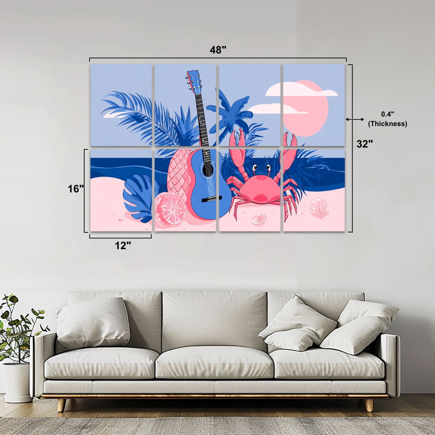 8 Pack Art Acoustic Panels Sound Absorbing Vacation Tropical Country Rustic Decor Figures Guitar Pineapple Crab Decorative Soundproof Wall Panels Self Adhesive for Nursery Game Room Bedroom 48"x32"