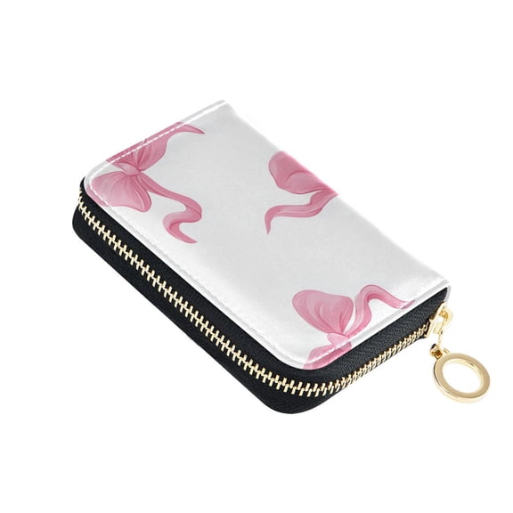 Graceful Pink Bows Women's Credit Card Holder PU Leather Zipper Wallet RFID Blocking