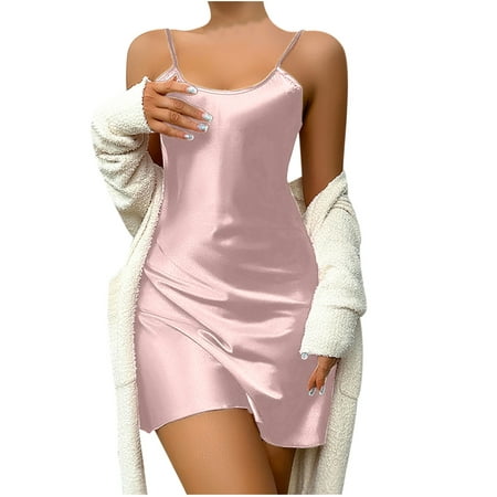 TMOYZQ Womens Satin Nightgown Sexy Silky Spaghetti Strap Full Slips Sleep Dress Chemise Lingerie Sleepwear Babydoll Nightie Nightwear
