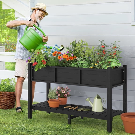 Dycanpo Raised Garden Bed with Legs and Storage Shelf, Outdoor Planter Box, 47x19x28in, Black