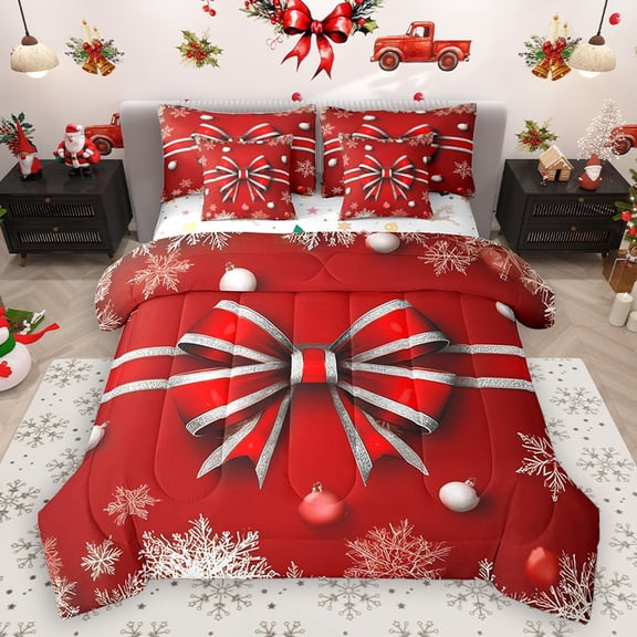 Homewish Red Bow 7-Piece Twin Bedding Sets for Teens Boys Girls,Merry Christmas Snowflake Bedding Comforter Set,Bling Glitter Breathable Sheet Sets,Microfiber Bedroom Decor,Reversible