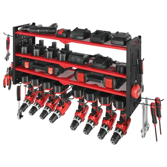 KFFKFF Wall-Mounted Power Tool Organizer, 4-Tier Storage Rack with 8 Drill Slots, Tool Holder and Rack with Side Pegboards, Ideal for Garage, Workbench, and Workshop Organization
