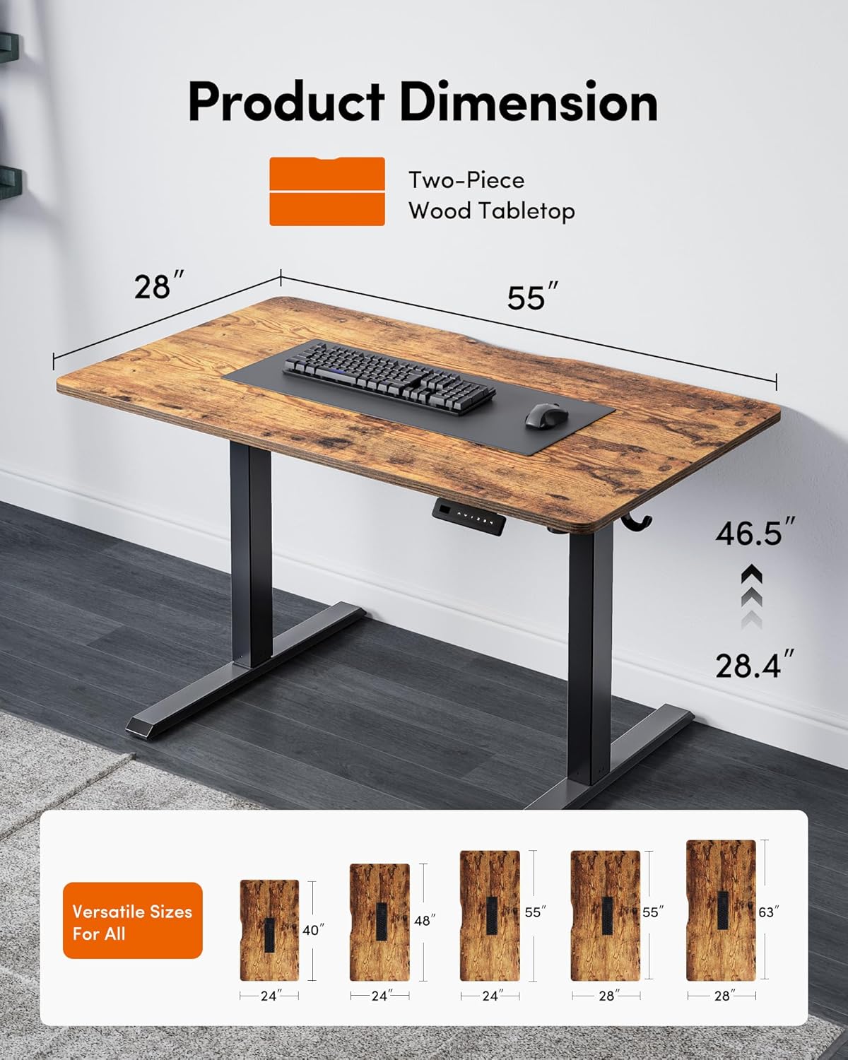 DESINO 55"x28" Electric Standing Desk, Height Adjustable Sit Stand Desk with Memory Presets, Ergonomic Home Office Desk, Anti-Collision Smart Lift Table, Rustic Brown