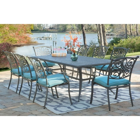 Hanover Traditions 9-Piece Dining Set in Blue with 8 Stationary Chairs and a 42" x 84" Dining Table in a Gray Finish