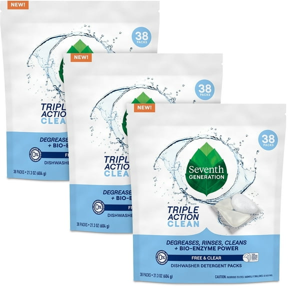 Seventh Generation Dishwasher Detergent Packs, 3-Pack (114 Pods Total), Triple Action Clean, Free & Clear