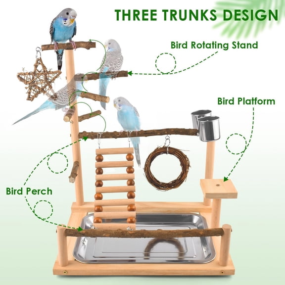 Natural Wooden Bird Perches & Parakeet  Gym with Removable Tray & Feeding Cups
