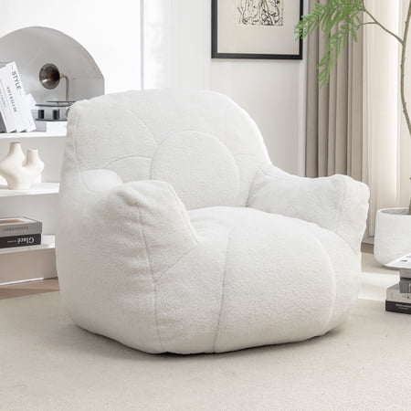 White Teddy Bean Bag Chair with Memory Foam - Cozy Adult Lounger Sofa for Living Room, Dorm & Apartment - Easy Clean, Ergonomic Design, No Assembly Needed (1605 WHITE)
