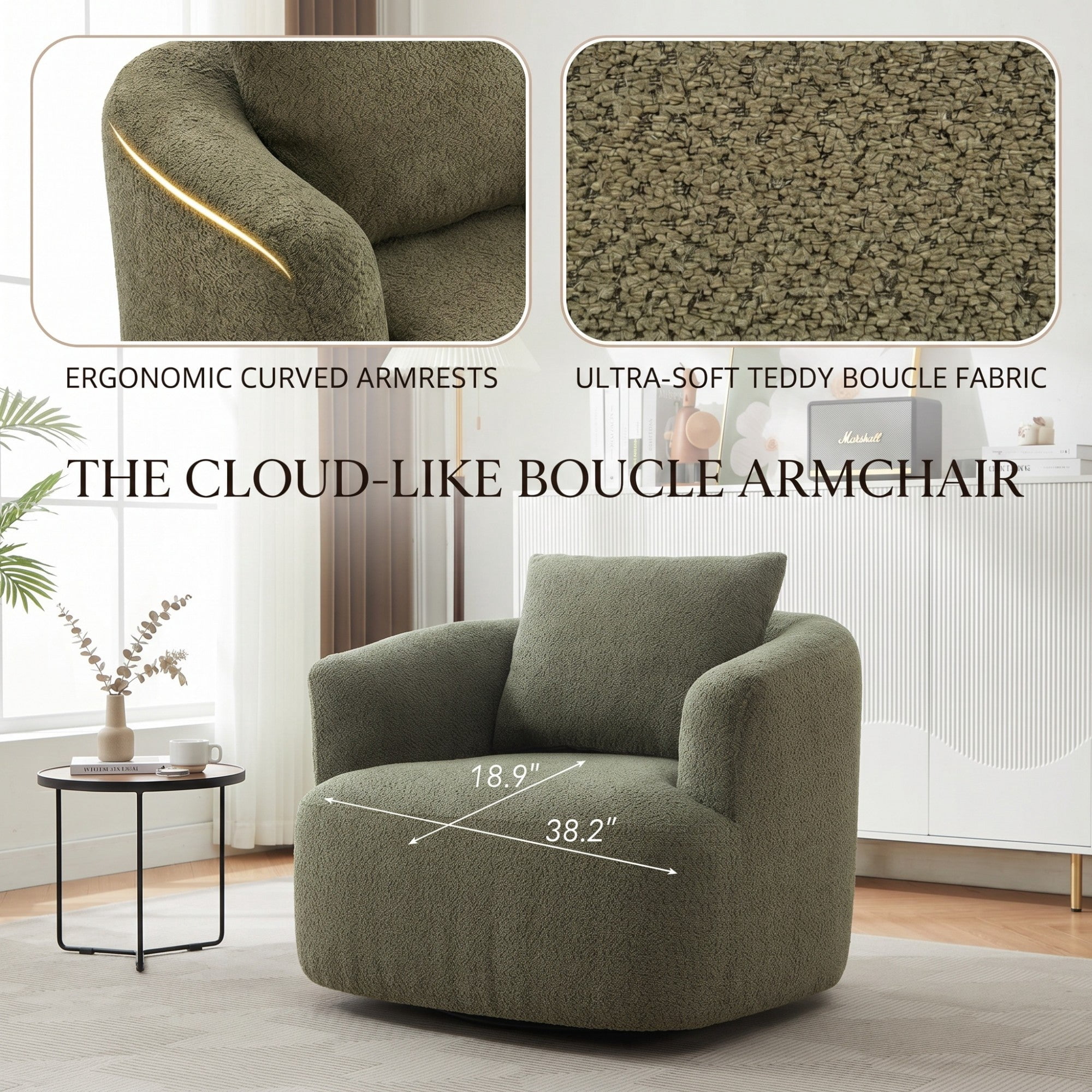 Sailvan 38.2" Swivel Accent Chair, Boucle Upholstered 360 Degree Barrel Sofa with Pillow for Living Room Green