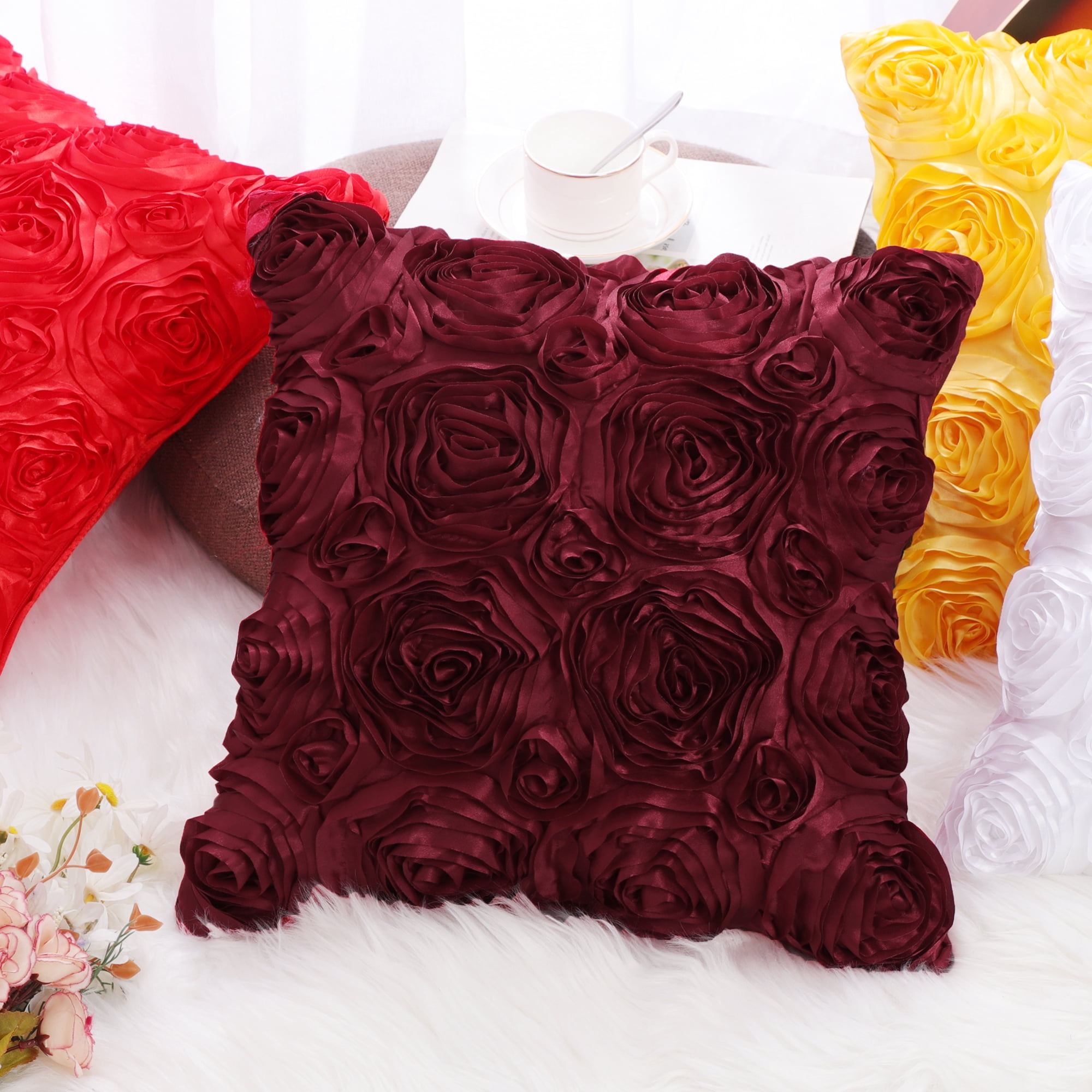 PiccoCasa Decorative Throw Pillow Covers 3D Satin Rose Flower Shells Cushion Covers, 2Pcs, 16"x16" Red Burgundy