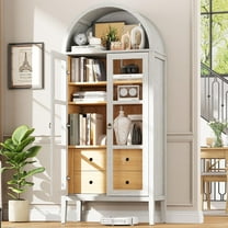 VANACC Modern 71” Arched Storage Cabinet with Glass Doors and Drawers, Adjustable Shelves, White
