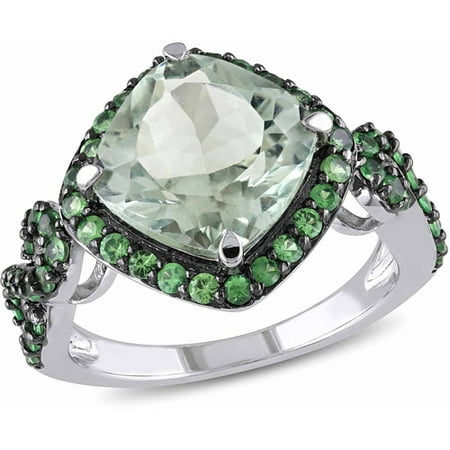 4-1/2 Carat T.G.W. Green Amethyst and Tsavorite Sterling Silver Halo Cocktail Ring